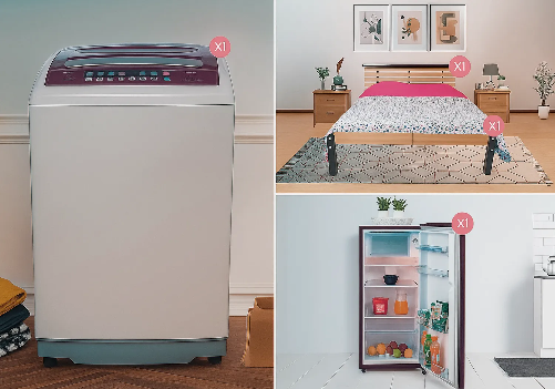 Rubberwood Double Bed, Mattress, Fridge and Washing Machine Combo